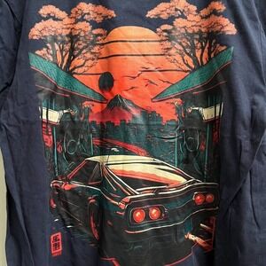 Car Sunset Anime‎ Retro Japanese T shirt Short Sleeve Navy Unisex Size Large NEW